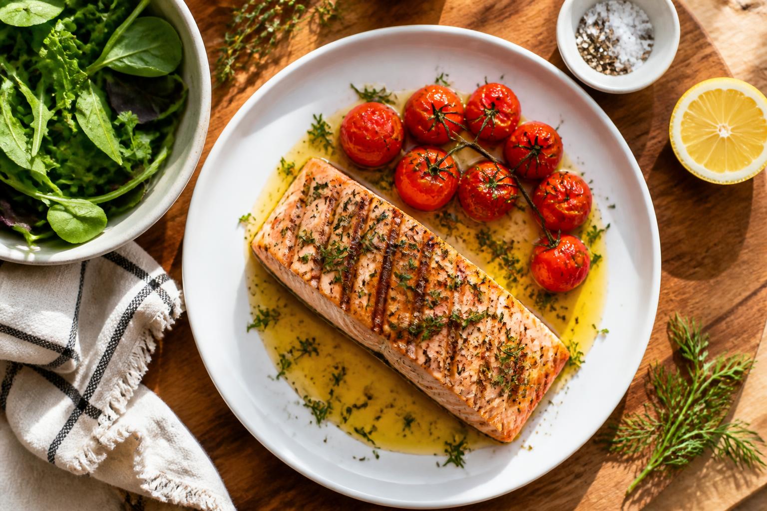 Grilled salmon with olive oil, herbs and tomatoes
